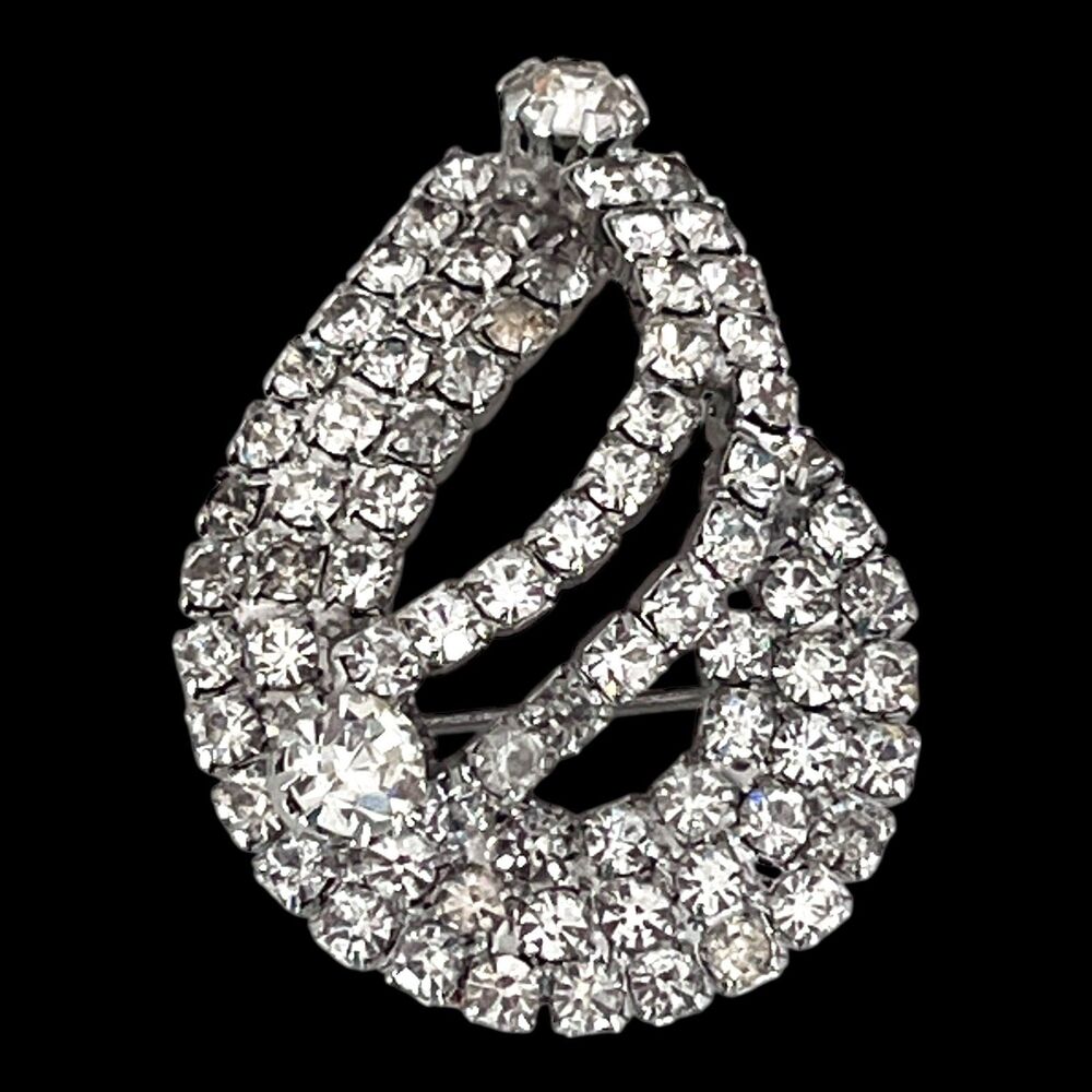 Vintage 1950s Rhinestone Brooch Silver Tone Openwork Crystal Statement Pin - 6D